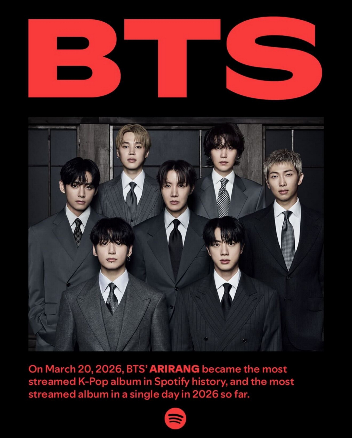 BTSの5thアルバム『ARIRANG』が快挙！Spotifyグローバルチャートで 1位〜14位を独占