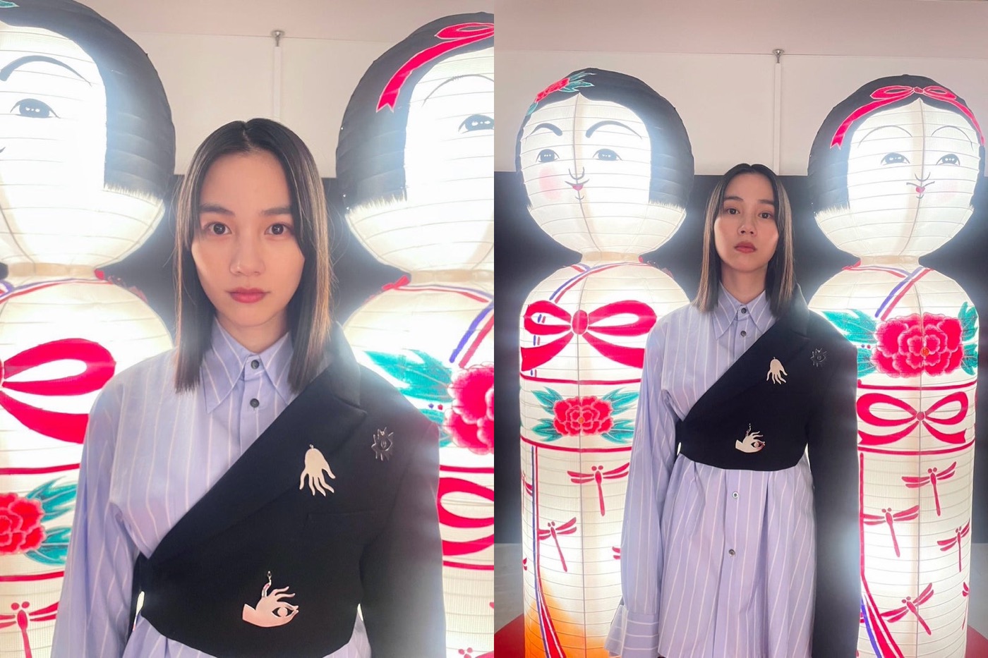 のん、センター分けヘアスタイルで“こけし”とシンクロ