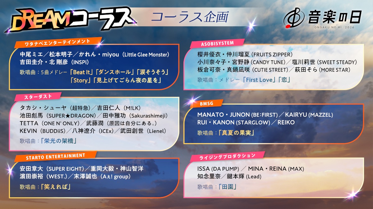 【音楽の日2026】DREAMコーラス参加メンバー、歌唱曲まとめ